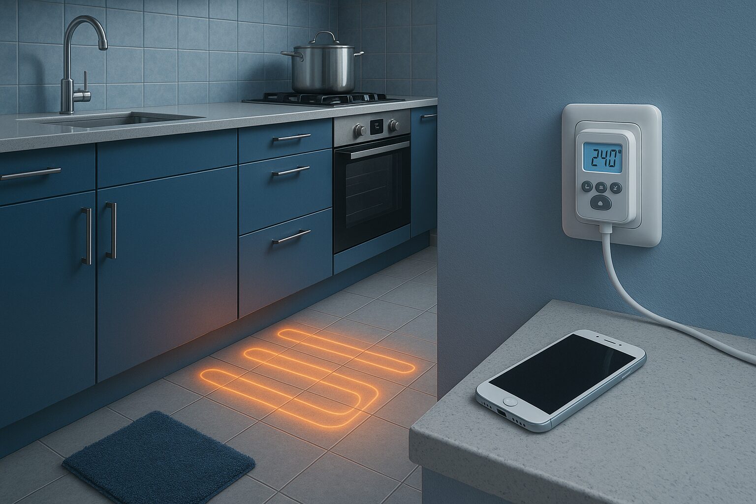 Caleo C938 на кухне в квартире Экран терморегулятора с режимом обогрева кухни Управление тёплым полом на кухне через приложение